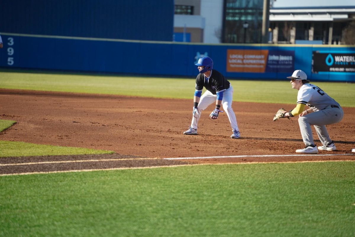 MTSU infielder Brett Vondohlen leads off first base while waiting for the pitch during a game against St. Bonaventure at Reese Smith Jr. Field, Saturday, Feb. 21, 2026.