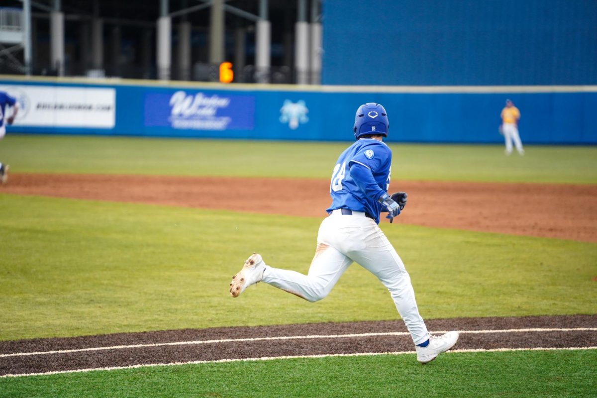MTSU infielder Brett Vondohlen runs to first base after hitting an RBI single during a game against Tennessee Tech University at Reese Smith Jr. field on Tuesday, Feb. 23, 2026.
