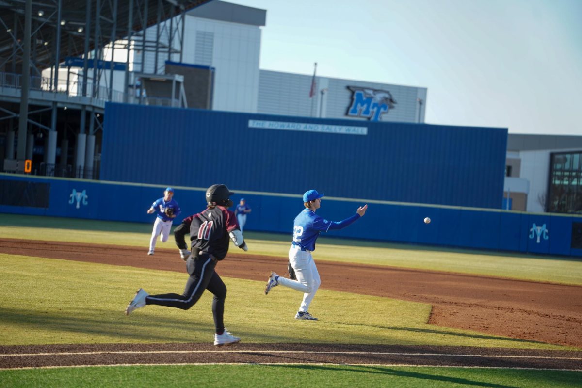 MTSU pitcher Drew Horn throws to first base to record an out during a game against the Bellarmine Knights at Reese Smith Jr. Field on Saturday, Feb. 8, 2026
