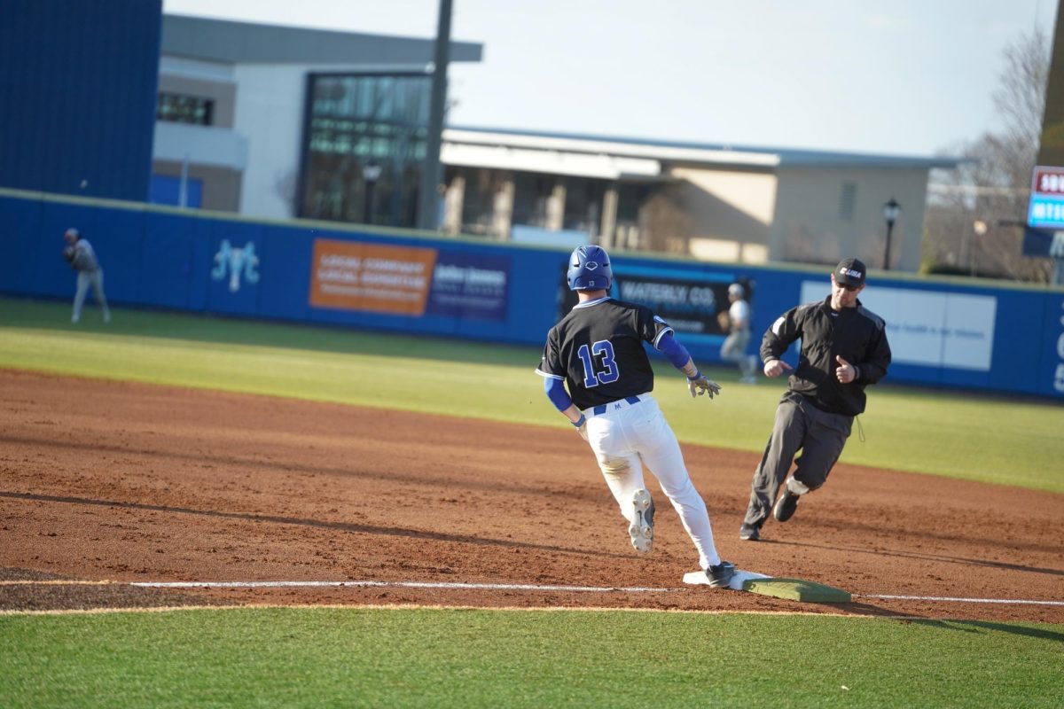 MTSU outfielder Brett Rodgers rounds first base after a hit during a game against St. Bonaventure at Reese Smith Jr. Field, Saturday, Feb. 21, 2026.