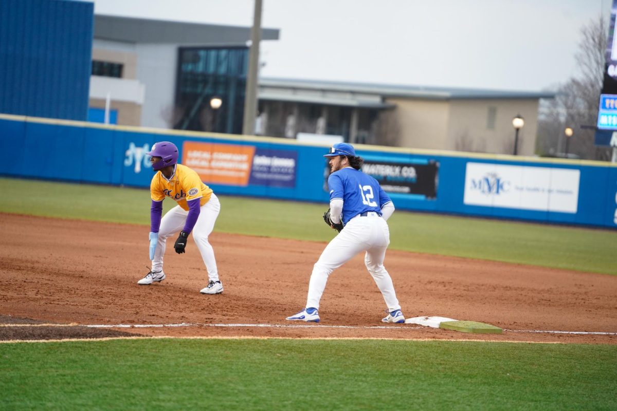 MTSU infielder Dean O’Neil holds a runner at first base while waiting for the pitch during a game against Tennessee Tech University at Reese Smith Jr. field on Tuesday, Feb. 23, 2026.
