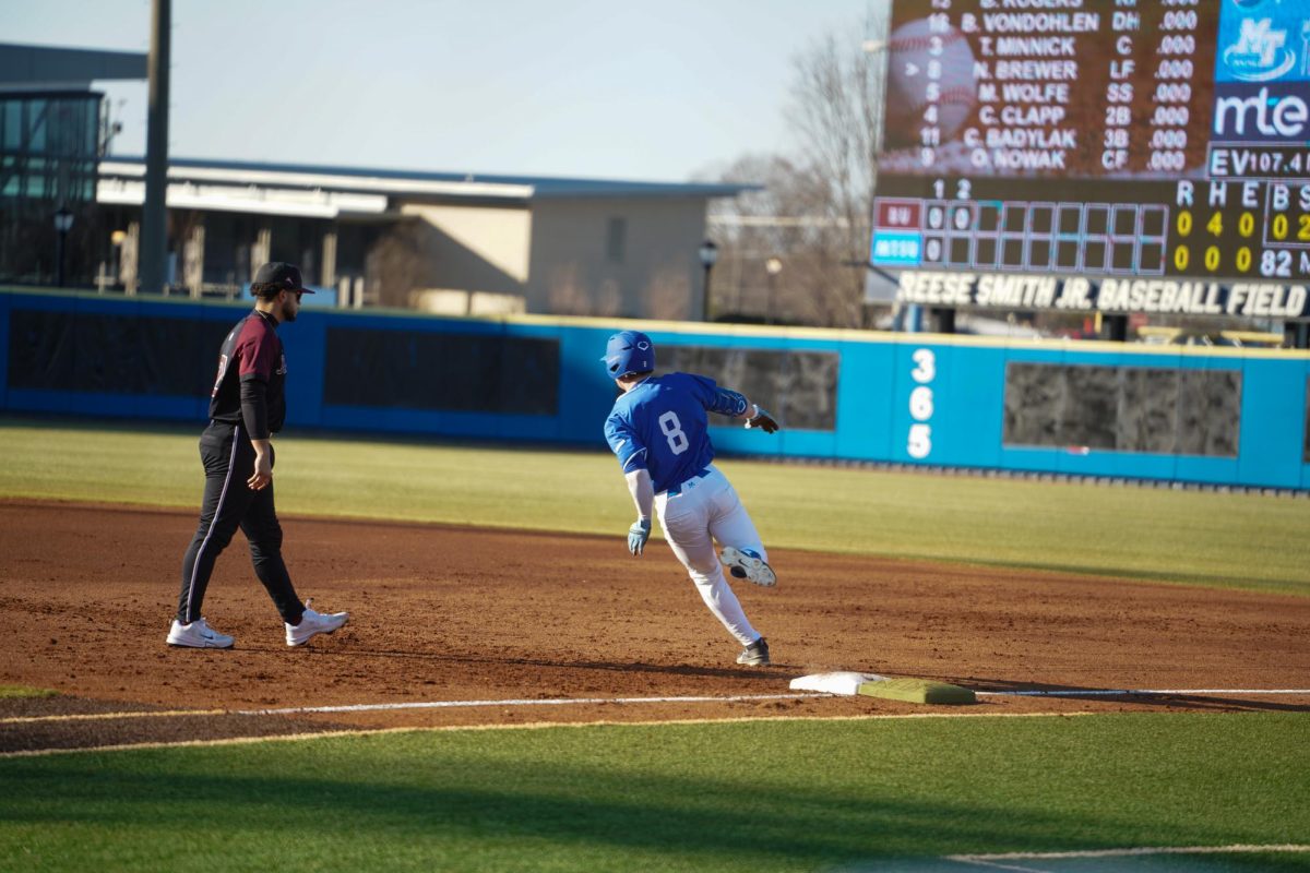 MTSU outfielder Nathan Brewer rounds first base after putting the ball in play during a game against the Bellarmine Knights at Reese Smith Jr. Field on Saturday, Feb. 8, 2026.
