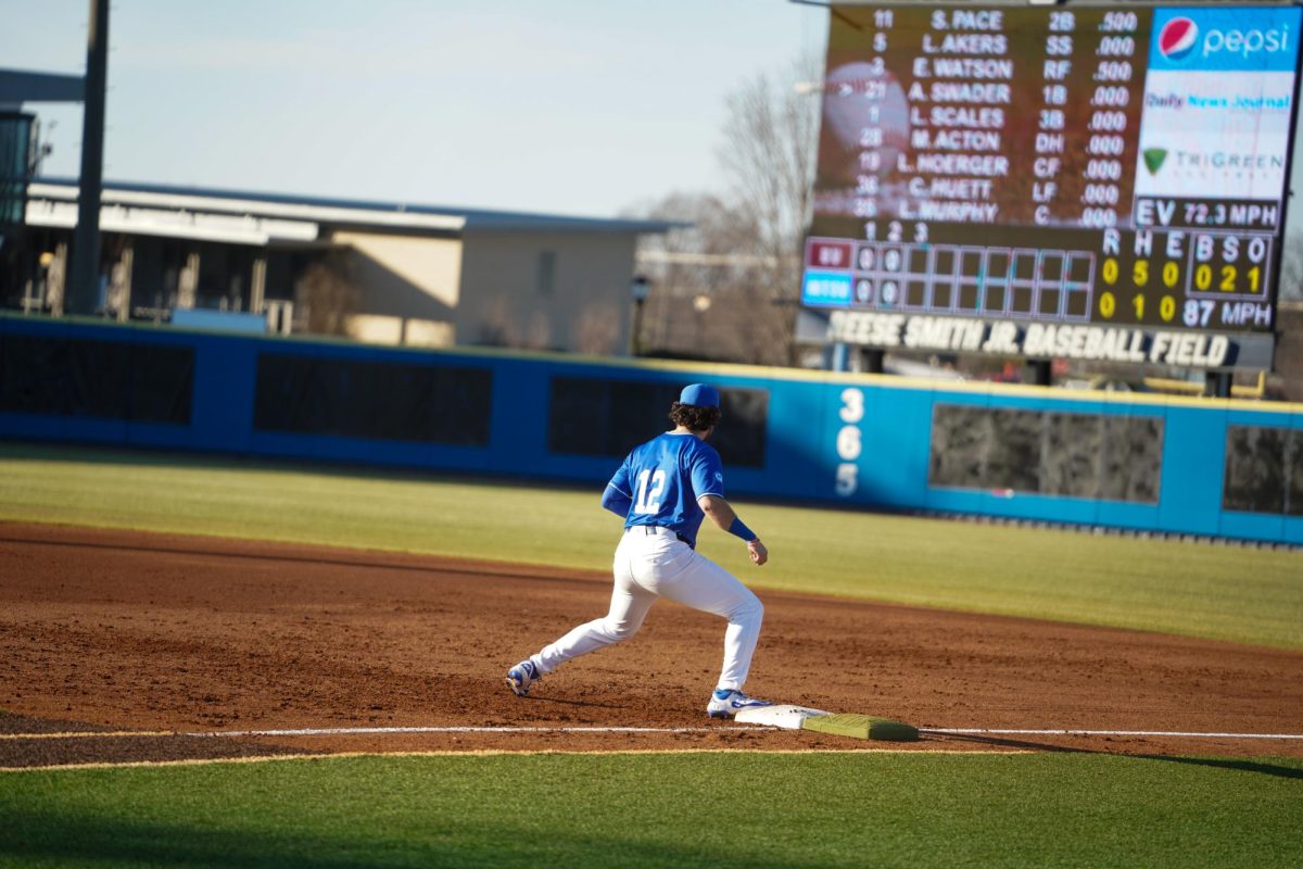 MTSU infielder Dean O’Neill steps on first base to record the out during a game against the Bellarmine Knights at Reese Smith Jr. Field on Saturday, Feb. 8, 2026.
