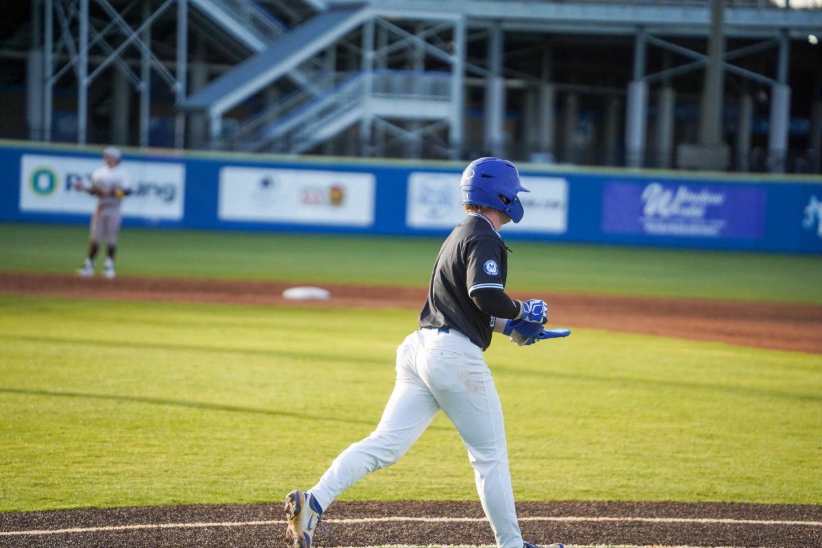 MTSU infielder Cooper Clapp jogs to first base after drawing a walk during a game against St. Bonaventure at Reese Smith Jr. Field, Saturday, Feb. 21, 2026.