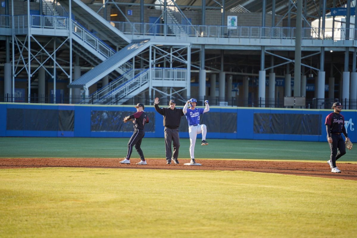 MTSU outfielder Brett Rodgers celebrates towards the dugout after hitting a standup double during a game against the Bellarmine Knights at Reese Smith Jr. Field on Saturday, Feb. 8, 2026.
