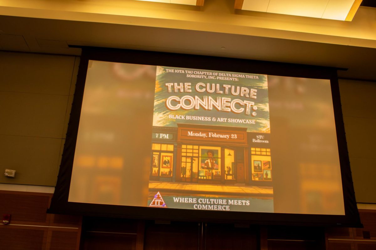  A projection shows the Black Culture Showcase flyer at MTSU on Feb. 23, 2026.