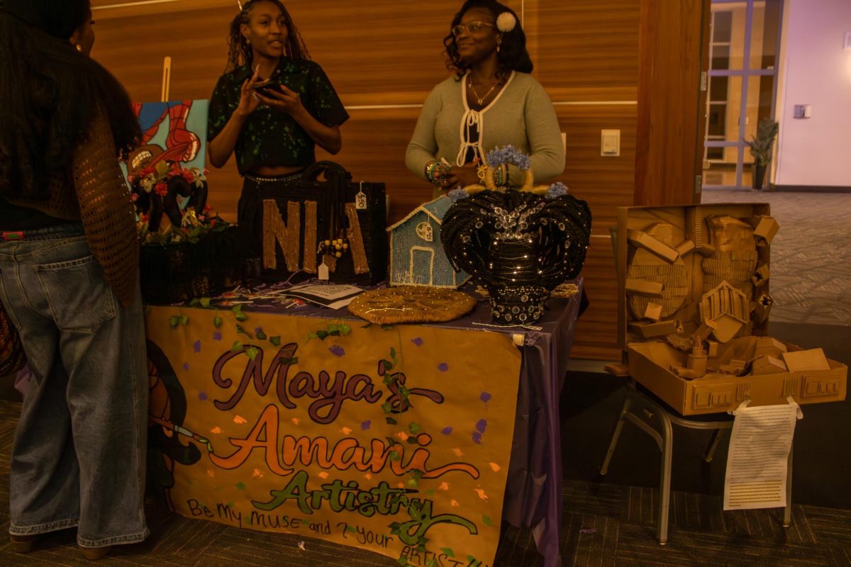A table displays fashion pieces during the Black Culture Showcase at MTSU on Feb. 23, 2026.