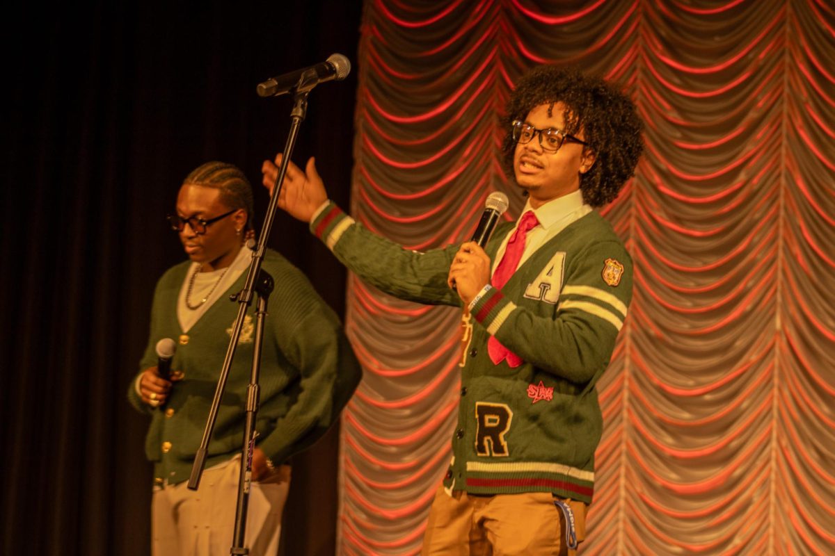 Hosts Joshua Jackson (left) and Evan Shipp (right) speaking between sets at Showtime at the Apollo at Middle Tennessee State University on Feb. 20, 2026.