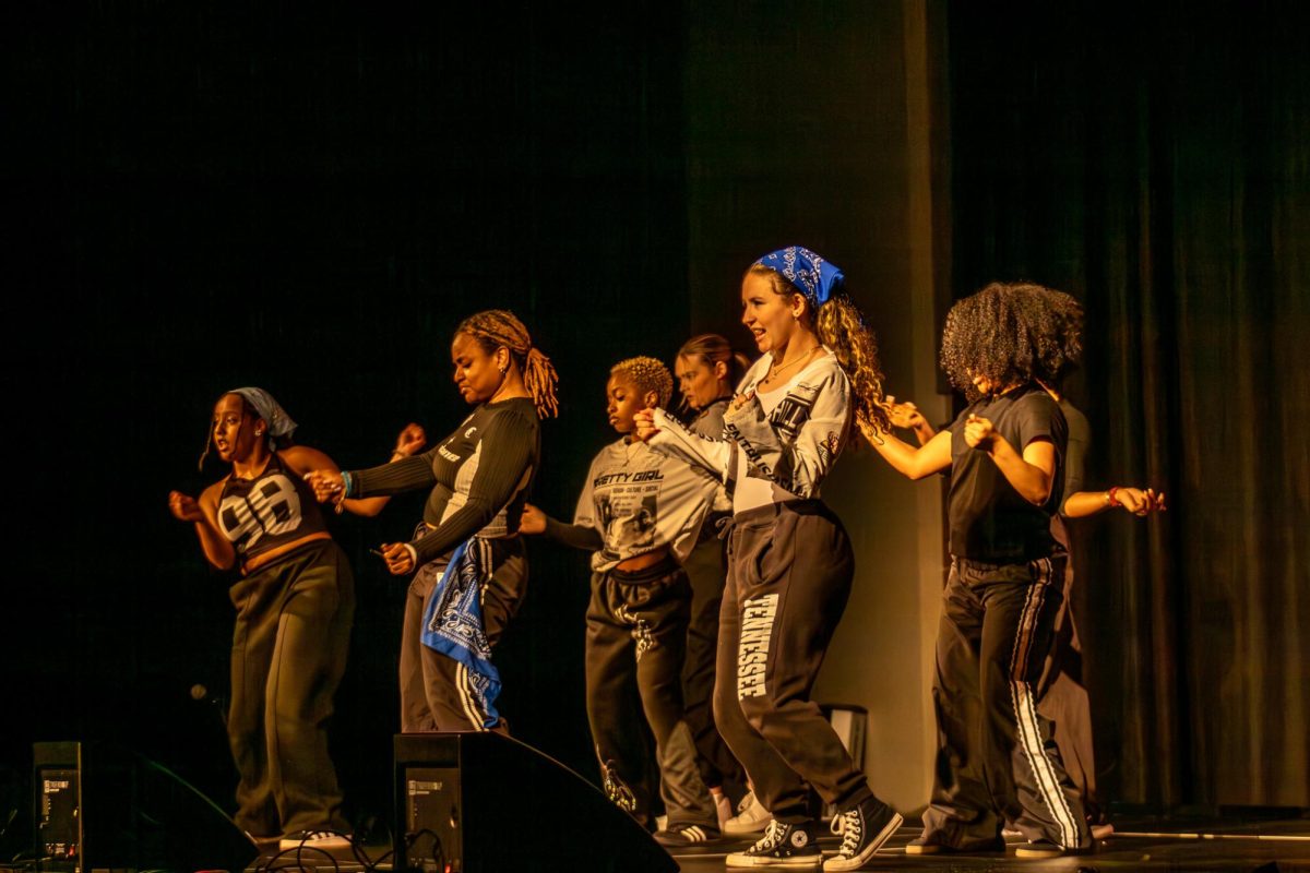 Dancers of MTSU Performing Arts Company dance group doing a dance routine at Showtime at the Apollo at Middle Tennessee State University on Feb. 20, 2026.