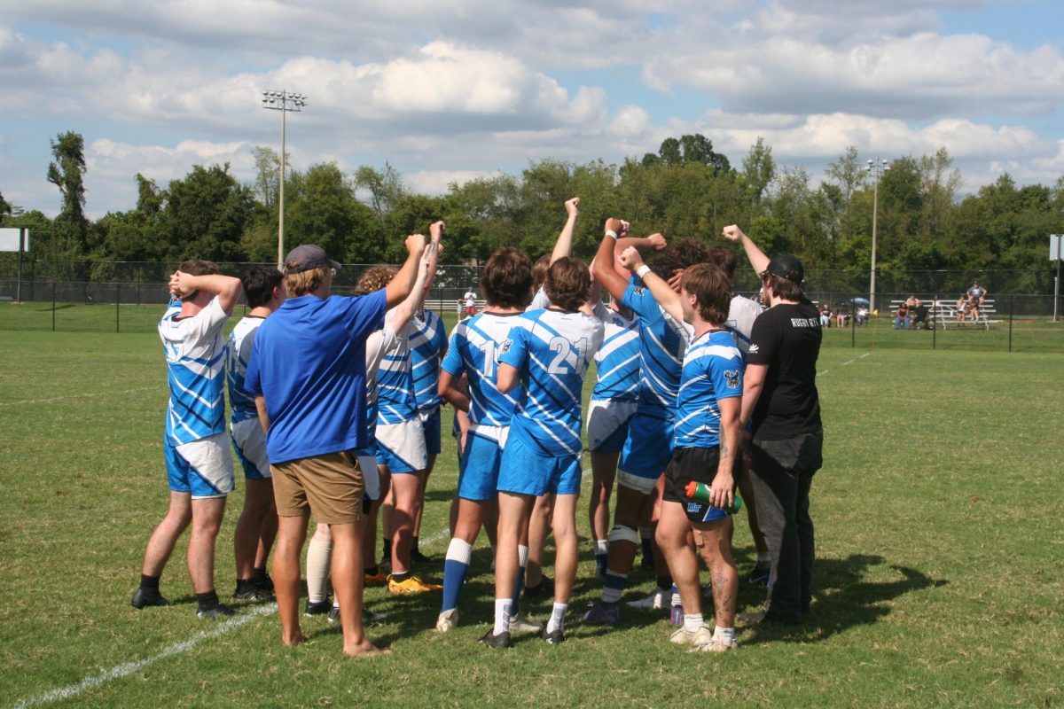 The Moosemen gather post-game to celebrate a 48-16 victory over the Sewanee Purple Haze on Sep. 25th, 2025
