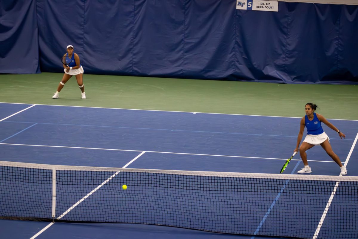Rutuja Chaphalkar and Sthefany Lima get set to return a shot against Northwestern University at the Adams Tennis Complex on Jan. 31, 2026. 
