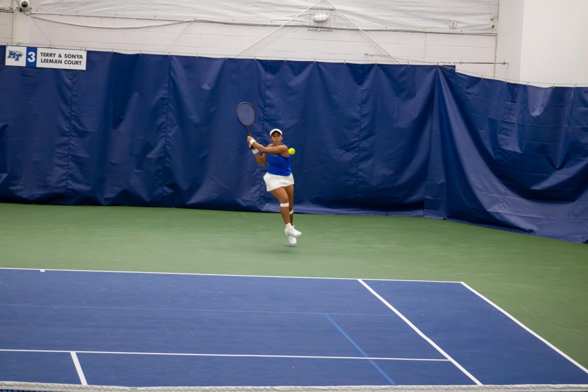 Sthefany Lima moments from returning a shot against Northwestern University at the Adams Tennis Complex on Jan. 31, 2026. 