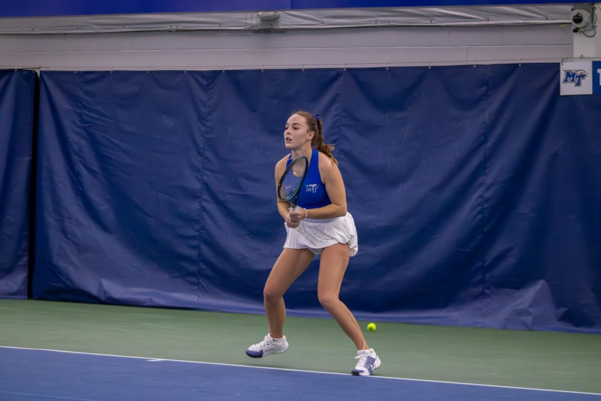 Lena Peyer sets her feet for a return shot against Northwestern University at the Adams Tennis Complex on Jan. 31, 2026.  