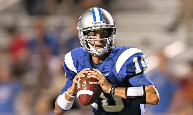 MTSU quarterback Logan Kilgore looks to pass during a game against the University of Louisiana at Monroe on Oct. 6, 2012. (Photo courtesy of MTSU Athletics) 