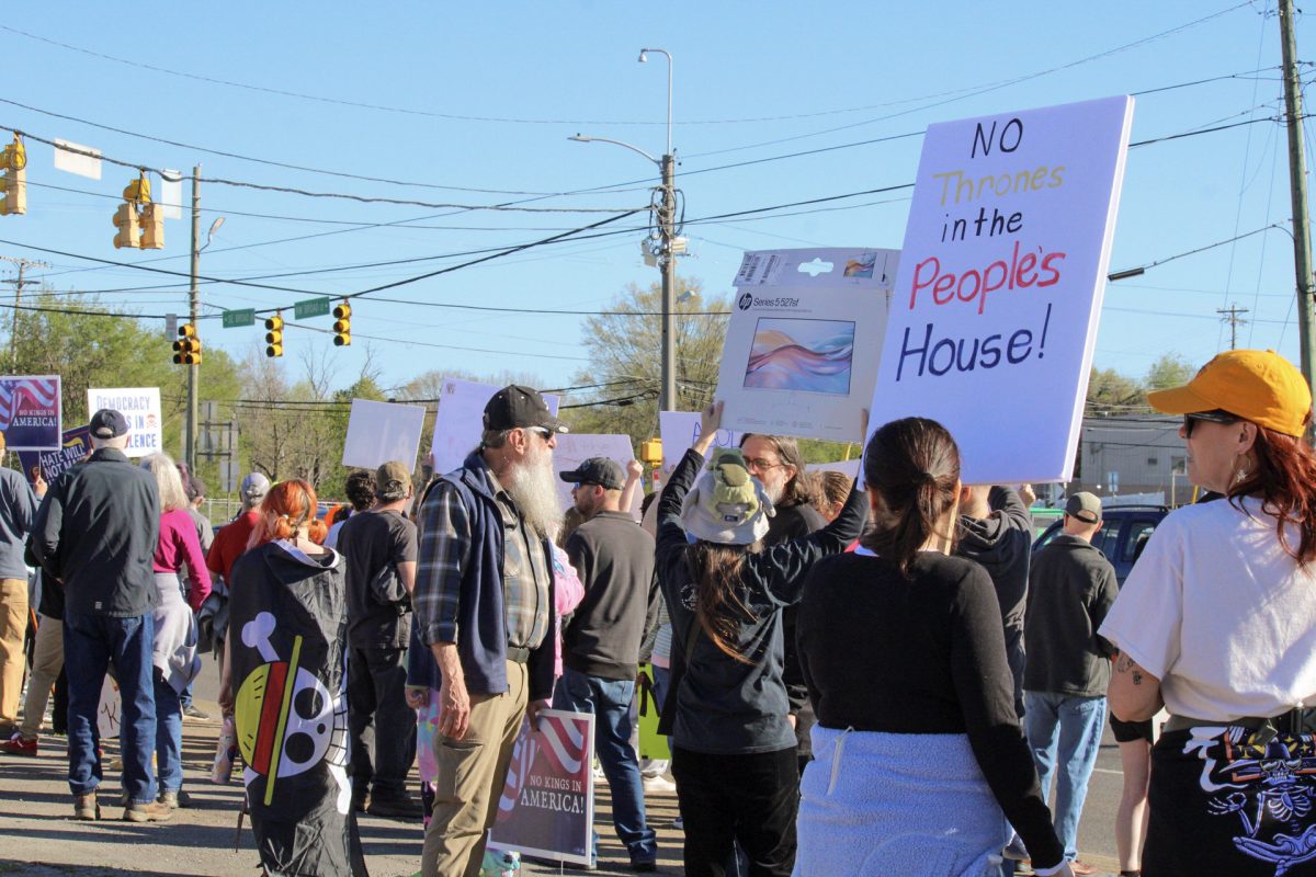 Protesters gather along Broad Street at the "No Kings" protest in Murfreesboro, Tennessee, on March 28, 2026.