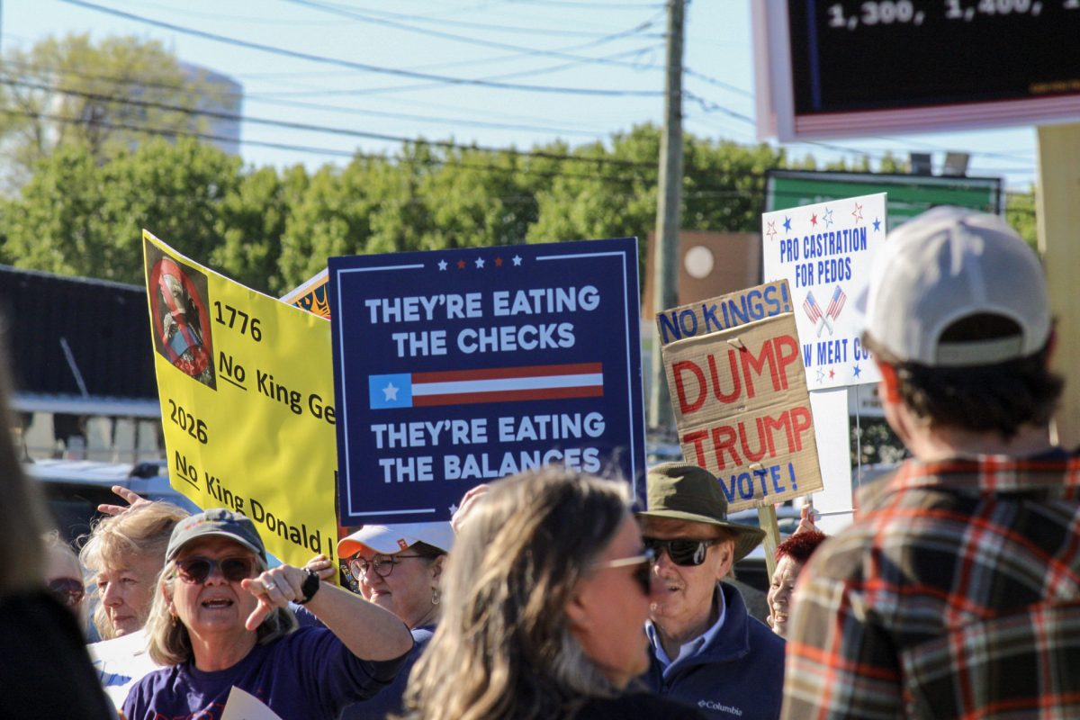 Protesters crowd on Broad Street at the "No Kings" protest in Murfreesboro, Tennessee, on March 28, 2026.