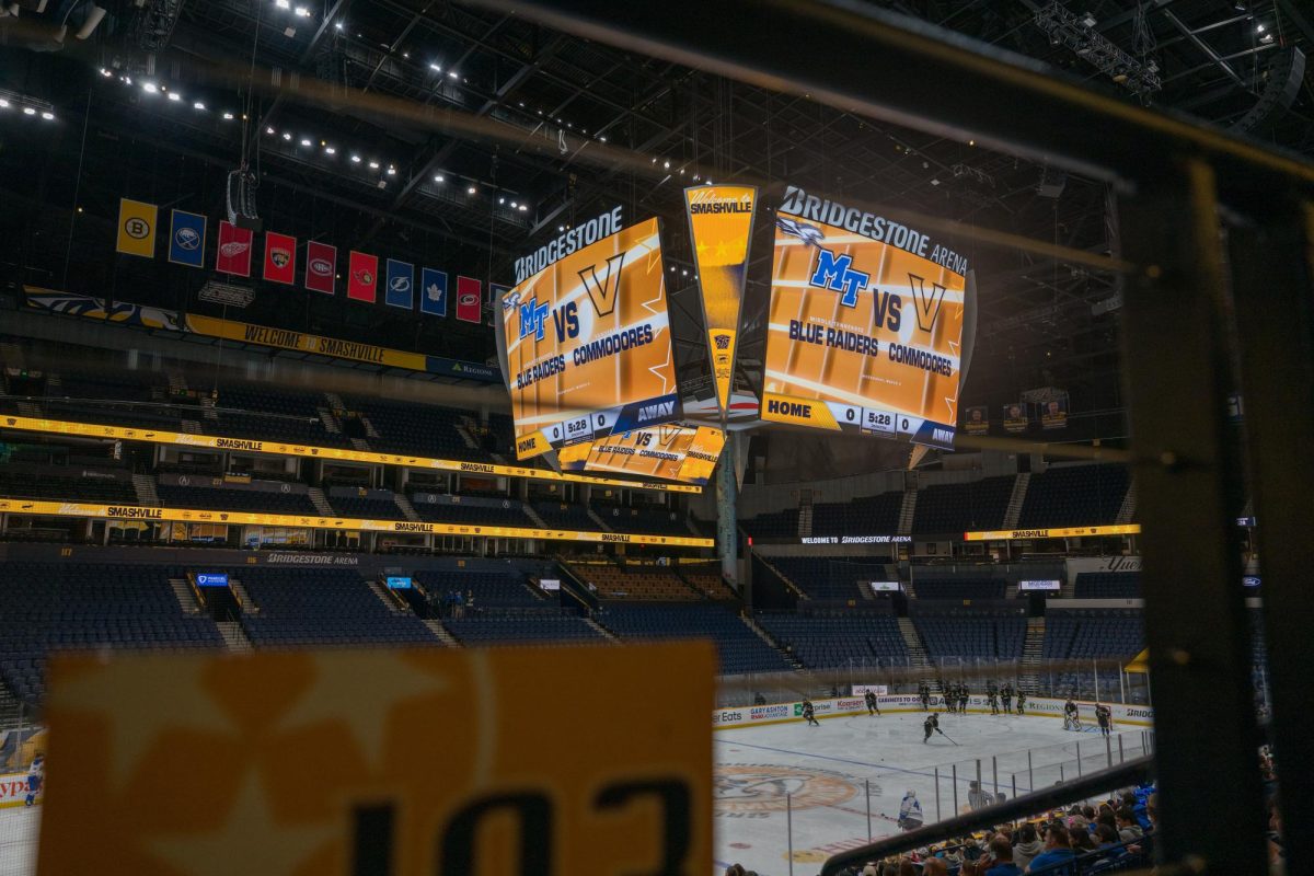 The Bridgestone Arena Jumbotron displays "Blue Raiders vs Commodores" before a game inside Bridgestone Arena on March 4, 2026. 