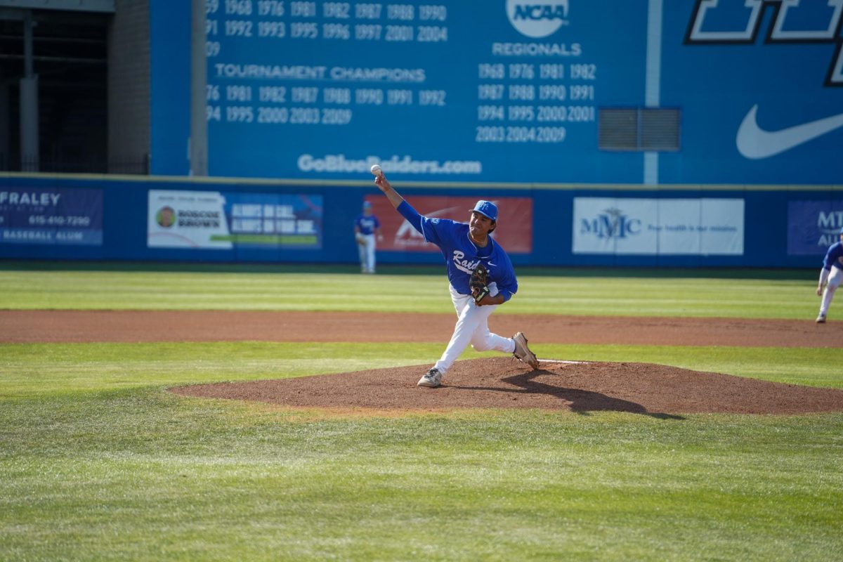 MTSU pitcher Abel Albarran throws first pitch and starts game for the Blue Raiders during a game against Southern Indiana University at Reese Smith Jr field on March 31, 2026.