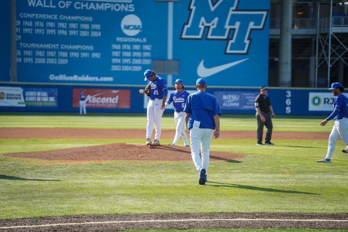 MTSU Head Coach Jerry Myers walks out to talk to pitcher Abel Albarran during a game against Southern Indiana University at Reese Smith Jr field on March 31, 2026.
