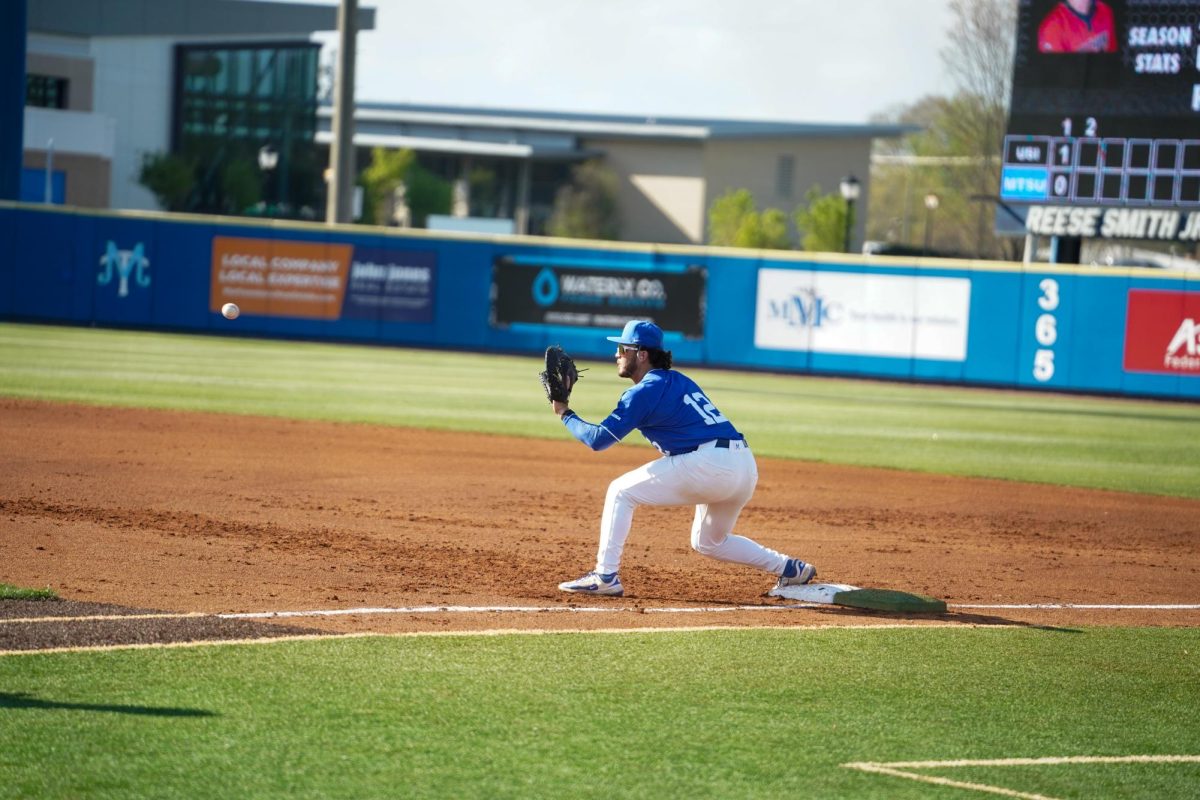 MTSU infielder Dean O’Neill catches ball to record out during a game against Southern Indiana University at Reese Smith Jr field on March 31, 2026.