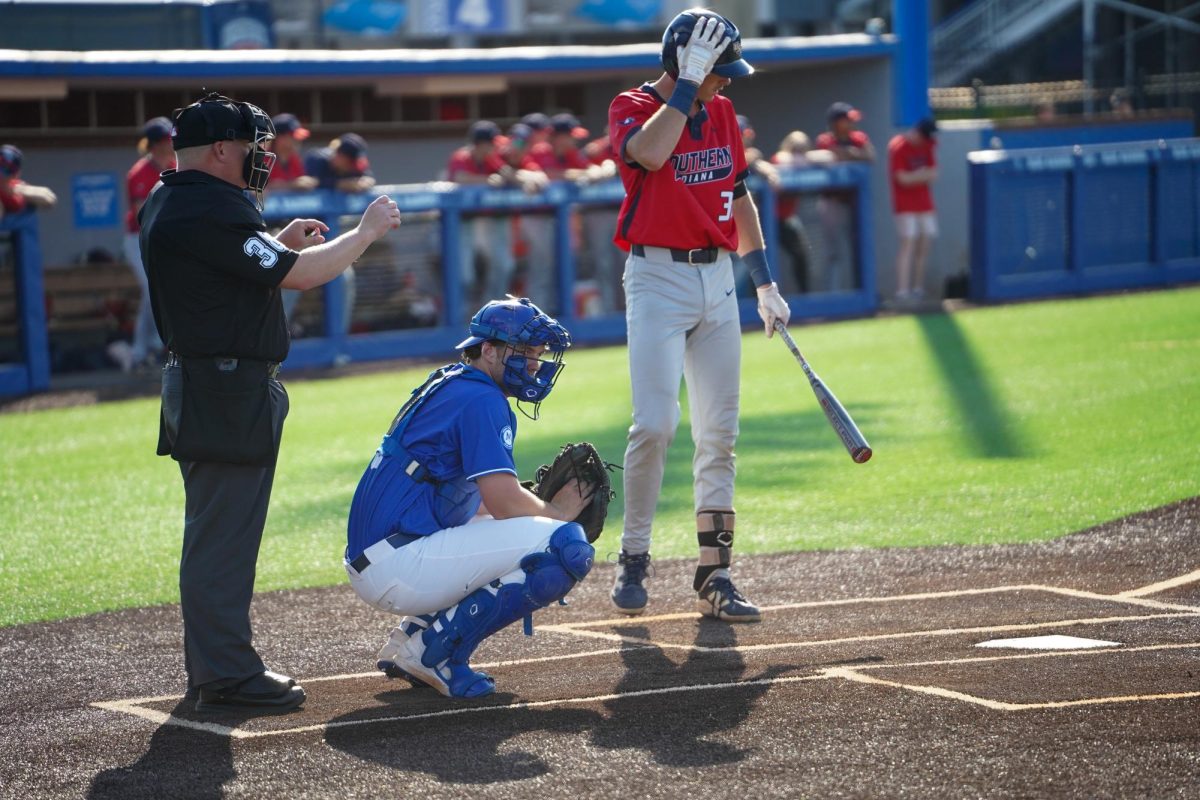 MTSU catcher Tyler Minnick looks at dugout for sign during a game against Southern Indiana University at Reese Smith Jr field on March 31, 2026.
