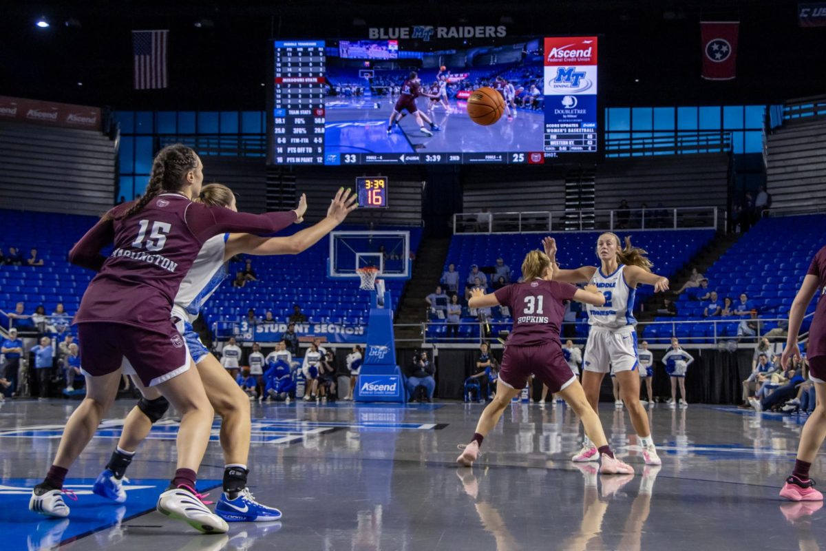 MTSU guard Macie Phifer lobs a pass into MTSU guard Blair Baugus in the post in a game against Missouri State in the Murphy Center on March 7, 2026.