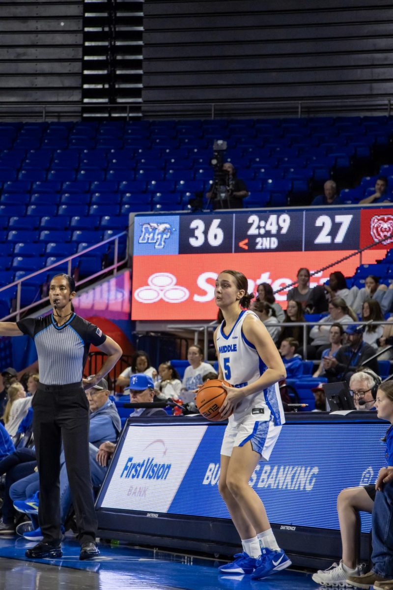 MTSU guard Carsyn Swaney in bounding the ball in a game against Missouri State in the Murphy Center on March 7, 2026.
