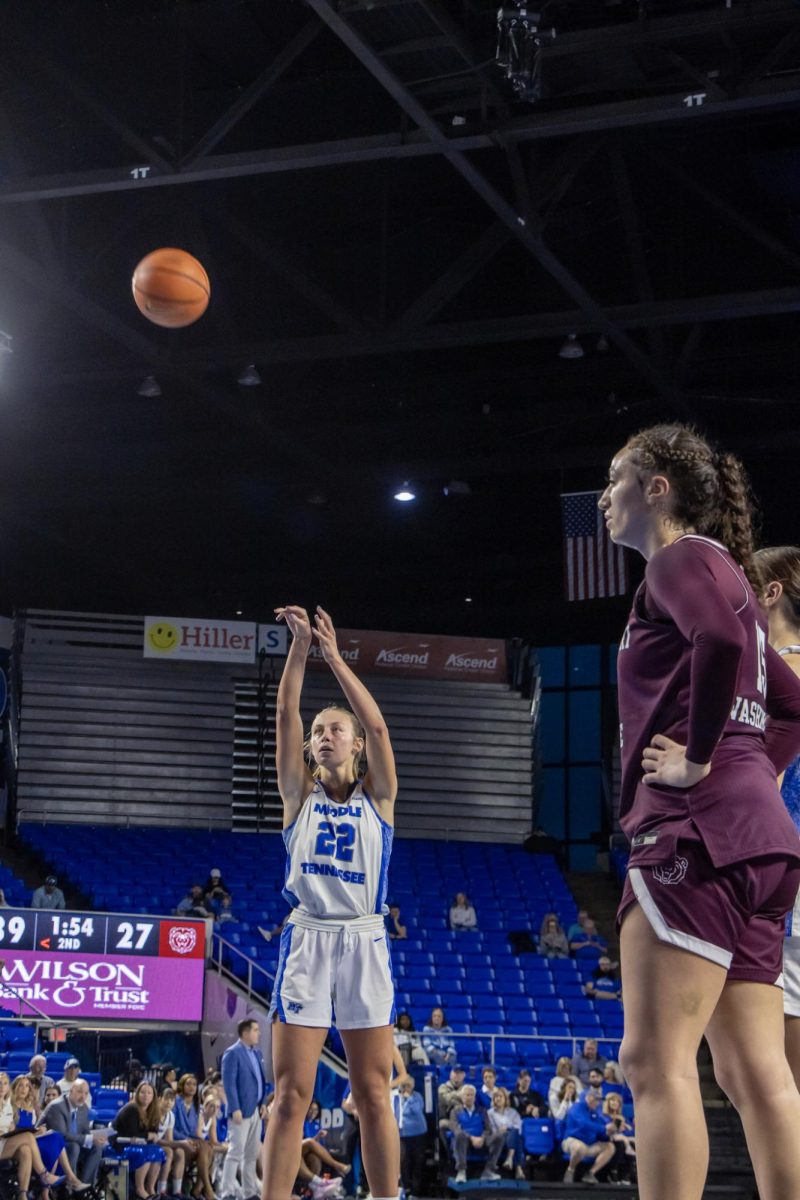 MTSU guard Macie Phifer shooting a free throw in a game against Missouri State in the Murphy Center on March 7, 2026.
