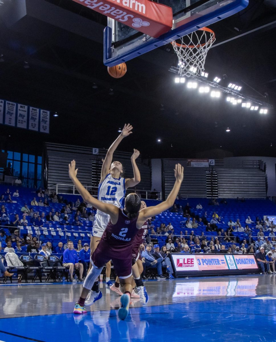 MTSU guard Blair Bagus shooting through contact in a game against Missouri State in the Murphy Center on March 7, 2026.