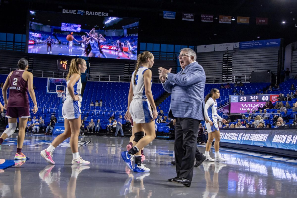 MTSU head coach Rick Insell yelling for a timeout in a game against Missouri State in the Murphy Center on March 7, 2026.