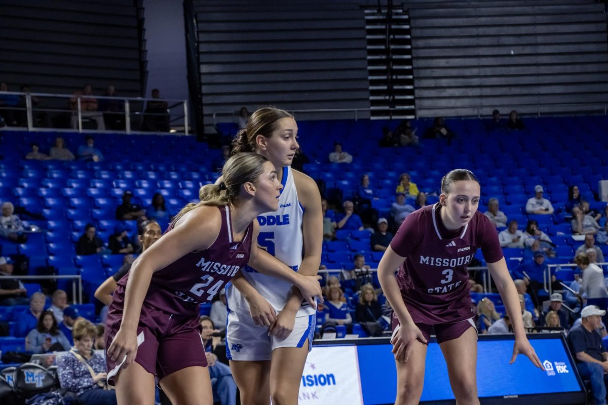 MTSU guard Blair Baugus waits for a rebound during a free throw in a game against Missouri State in the Murphy Center on March 7, 2026.