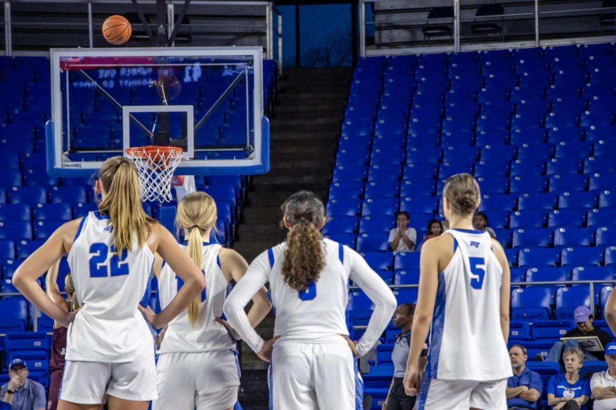 MTSU gaurds (from left to right) Macie Phifer, Kirston Verhulst, Alayna Contreras and Carsyn Swaney watching Missouri State shoot uncontested free throws after a flagrant foul in the Murphy Center on March 7, 2026.