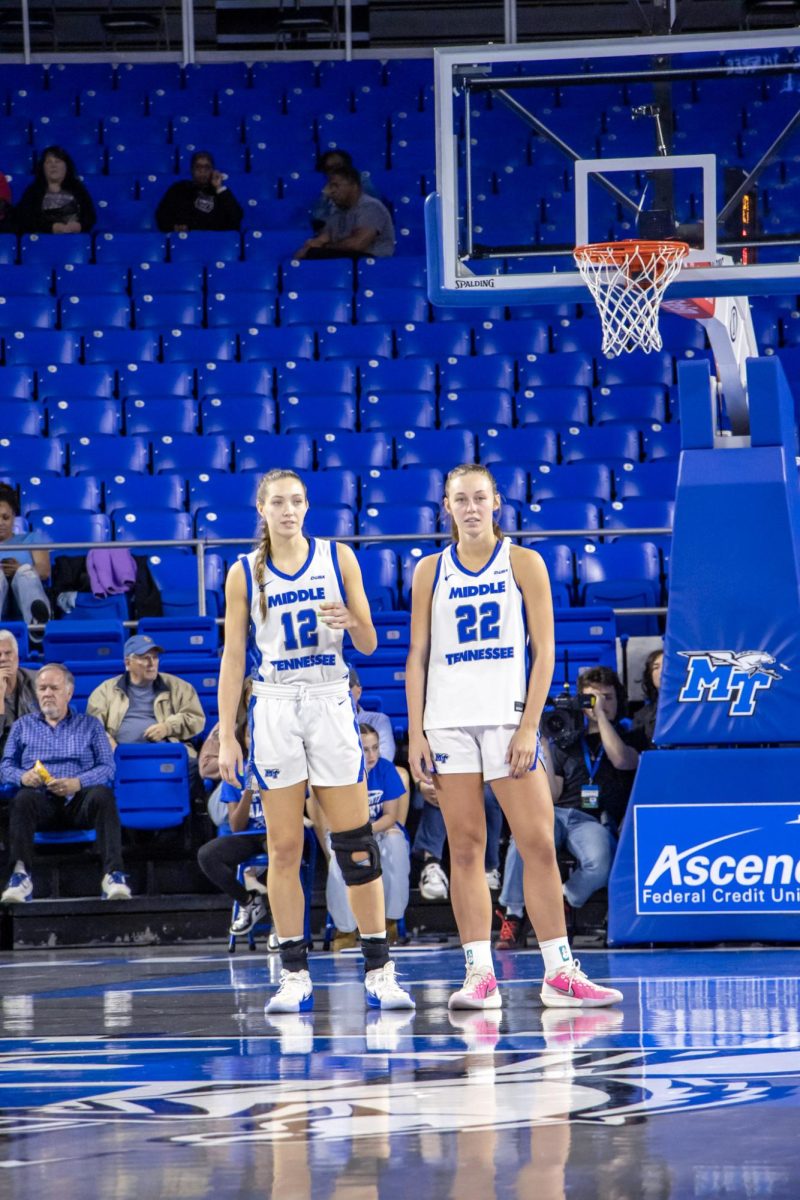 MTSU guard Blair Baugus (left) and MTSU guard Macie Phifer (right) chat before a play during a game against Missouri State in the Murphy Center on March 7, 2026.