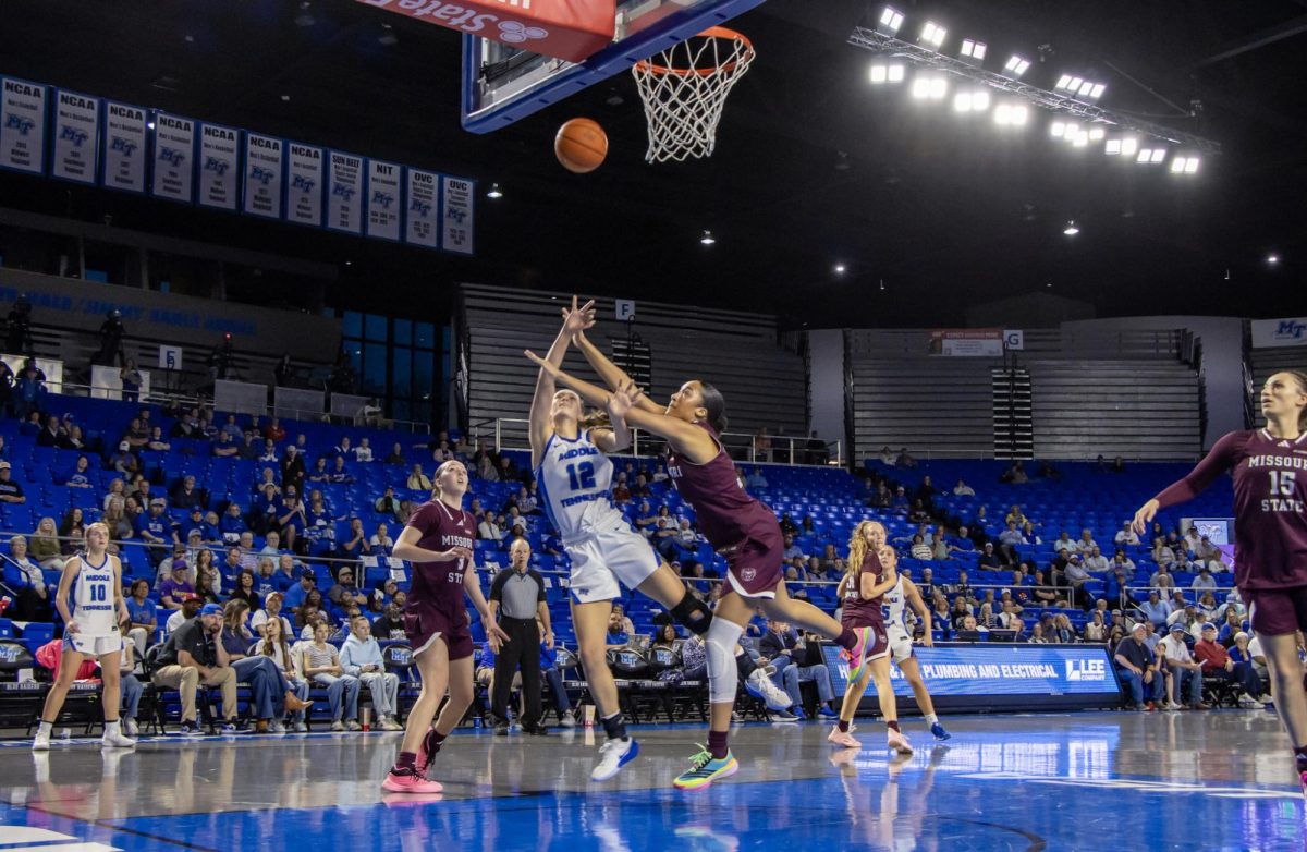 MTSU guard Blair Baugus throws up a contested layup during a game against Missouri State in the Murphy Center on March 7, 2026.