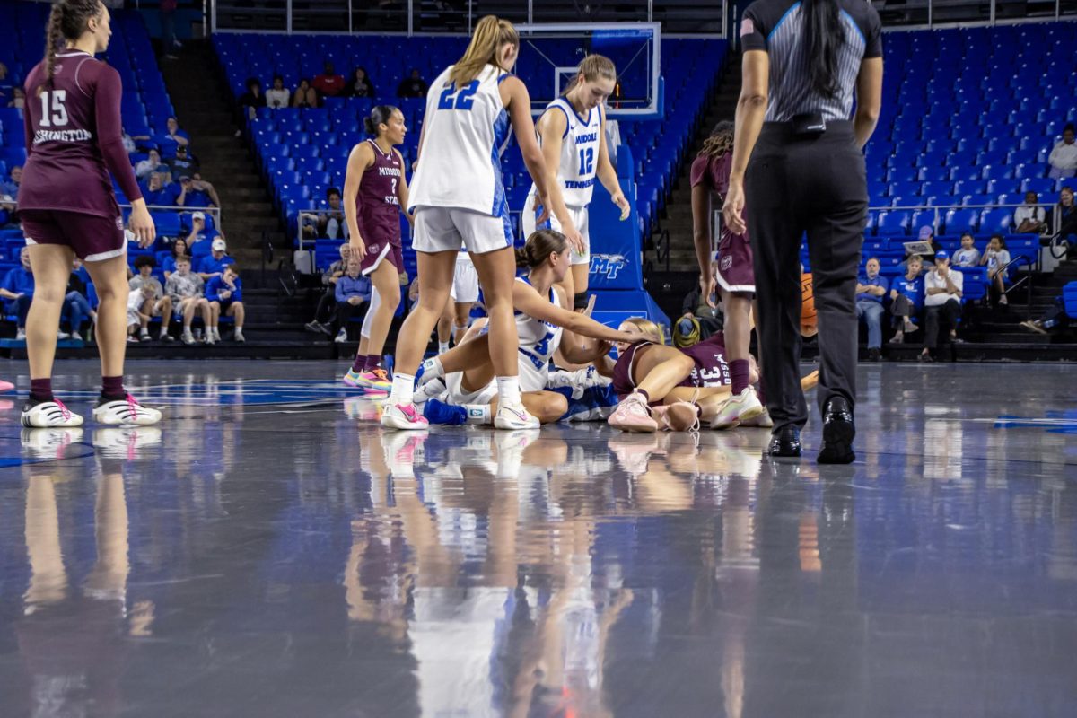MTSU guard Carsyn Swaney battles for a loose ball during a game against Missouri State in the Murphy Center on March 7, 2026.