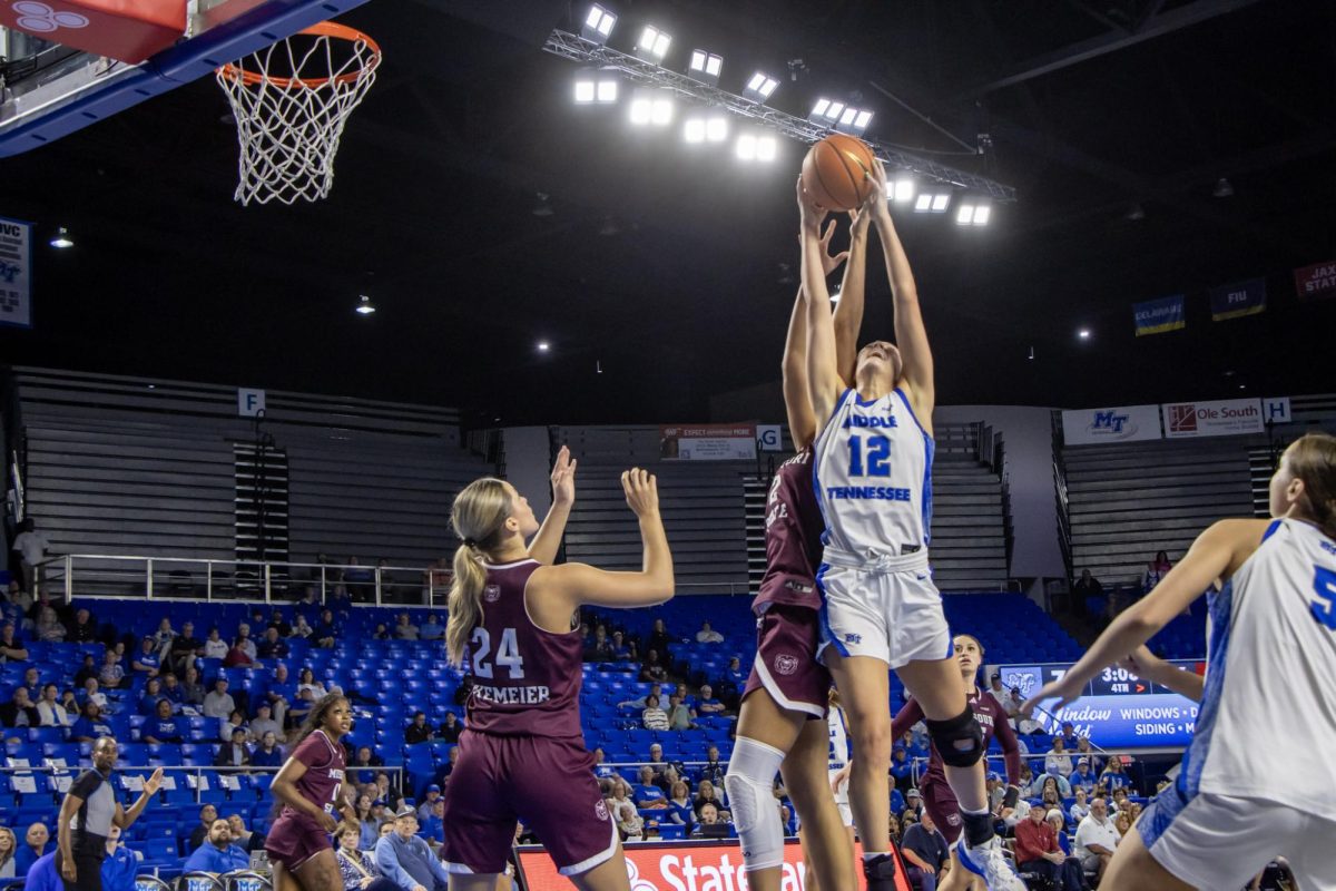 MTSU guard Blair Baugus rises up in the post during a game against Missouri State in the Murphy Center on March 7, 2026.