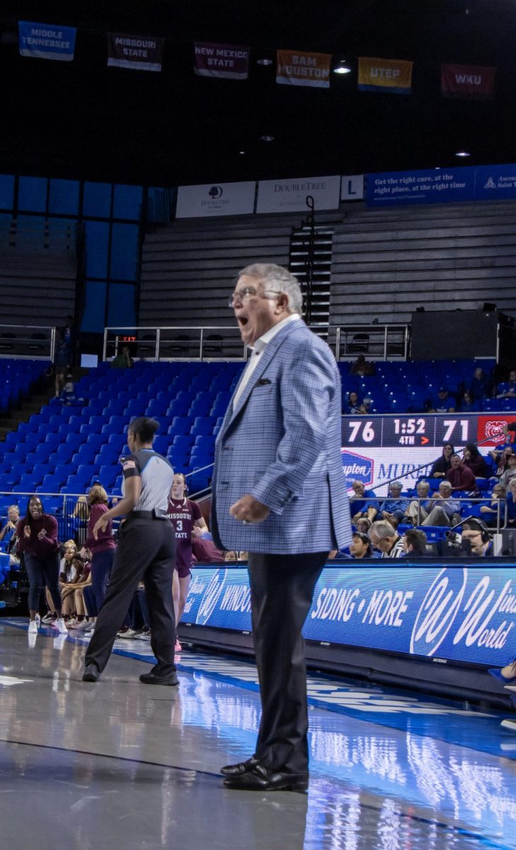MTSU head coach Rick Insell yelling in a game against Missouri State in the Murphy Center on March 7, 2026.