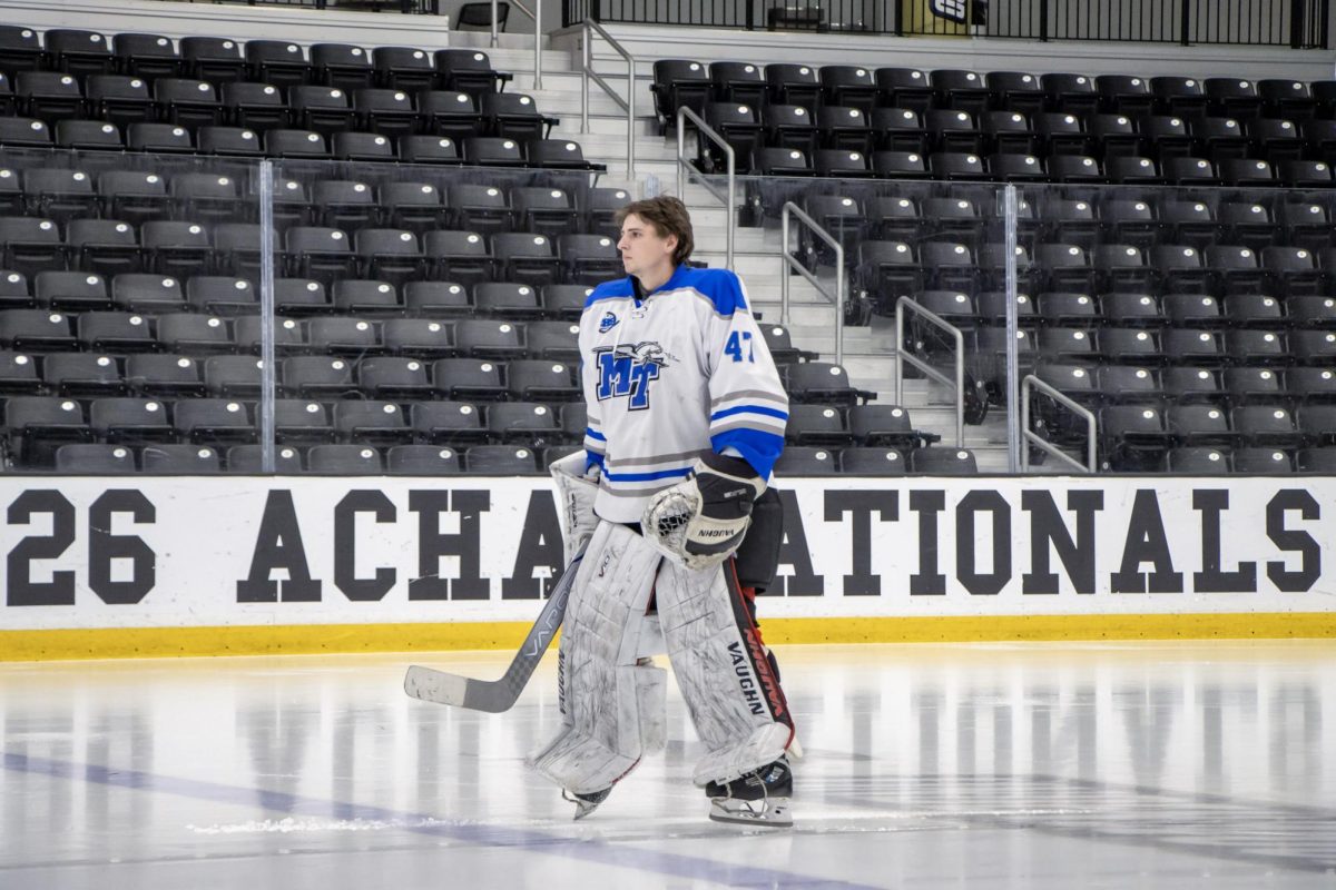 MTSU goaltender Ayden Kopec skates to the blue line during the starting lineup announcement in a game against Grand Valley State at the Centene Community Ice Center on March 20, 2026.
