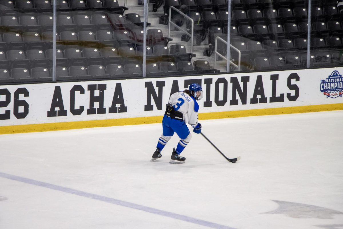 MTSU club hockey defenseman Justin Beachler looking for a pass during a game against Grand Valley State at the Centene Community Ice Center on March 20, 2026.