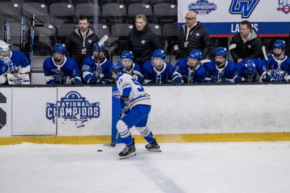 during a game against Grand Valley State at the Centene Community Ice Center on March 20, 2026.