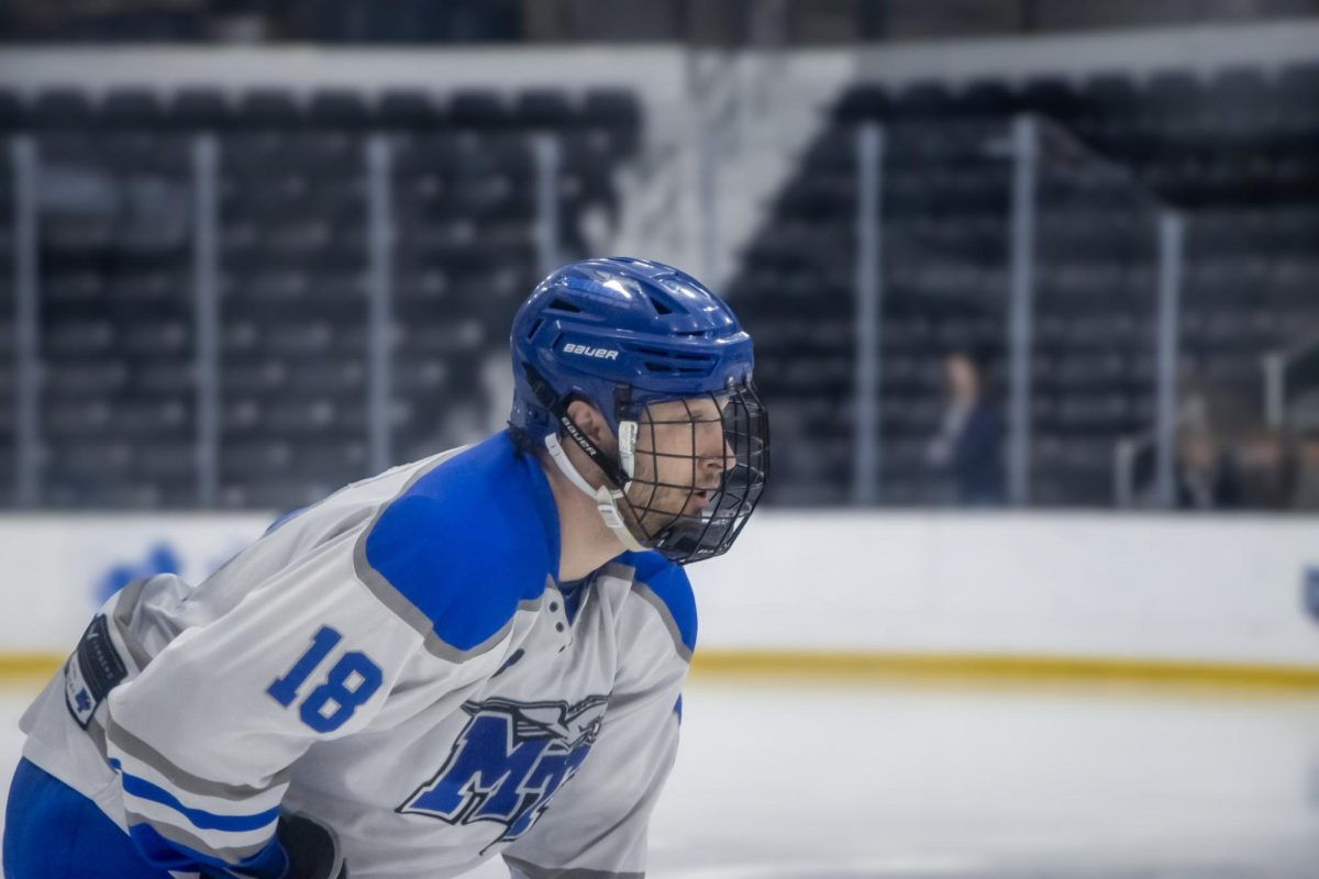 during a game against Grand Valley State at the Centene Community Ice Center on March 20, 2026.