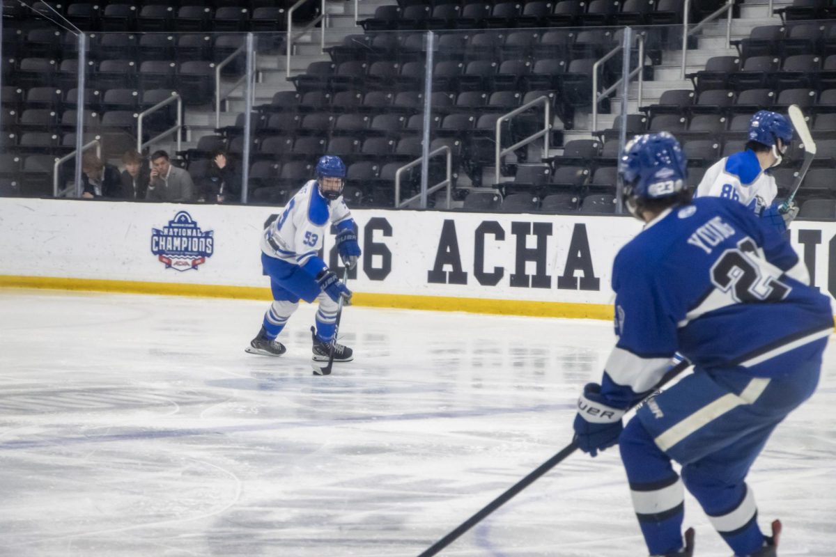 during a game against Grand Valley State at the Centene Community Ice Center on March 20, 2026.