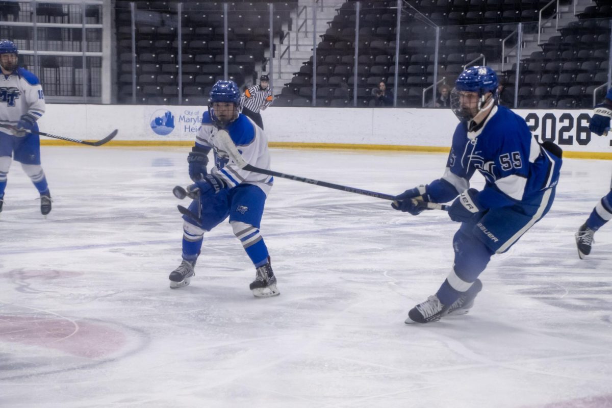 during a game against Grand Valley State at the Centene Community Ice Center on March 20, 2026.