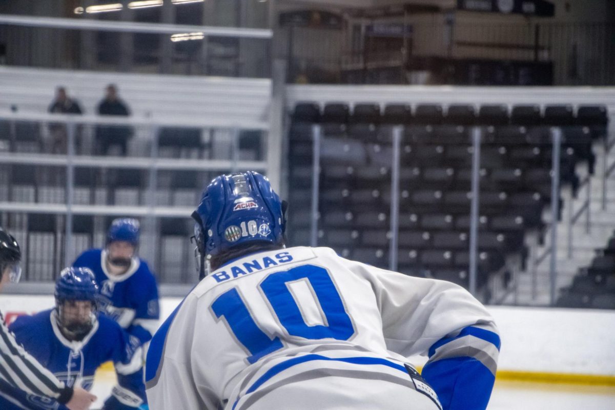 MTSU club hockey defensemen sets up for a puck drop during a game against Grand Valley State at the Centene Community Ice Center on March 20, 2026.