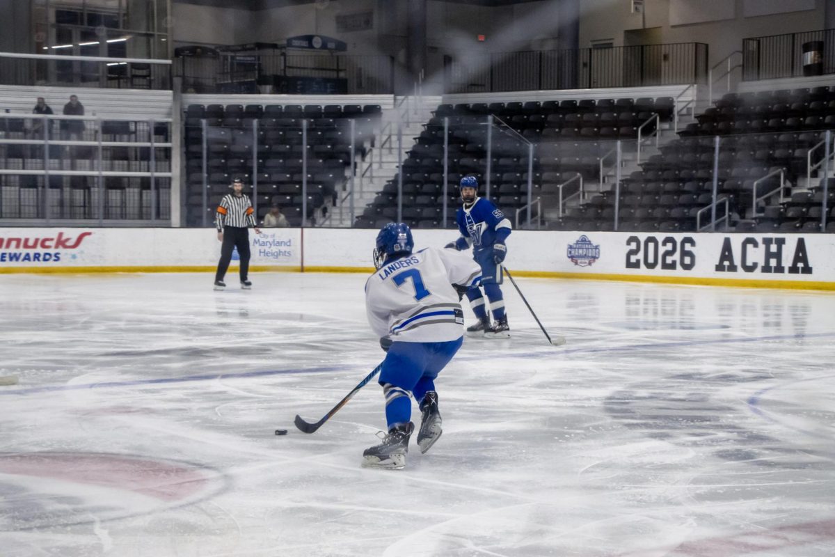 during a game against Grand Valley State at the Centene Community Ice Center on March 20, 2026.