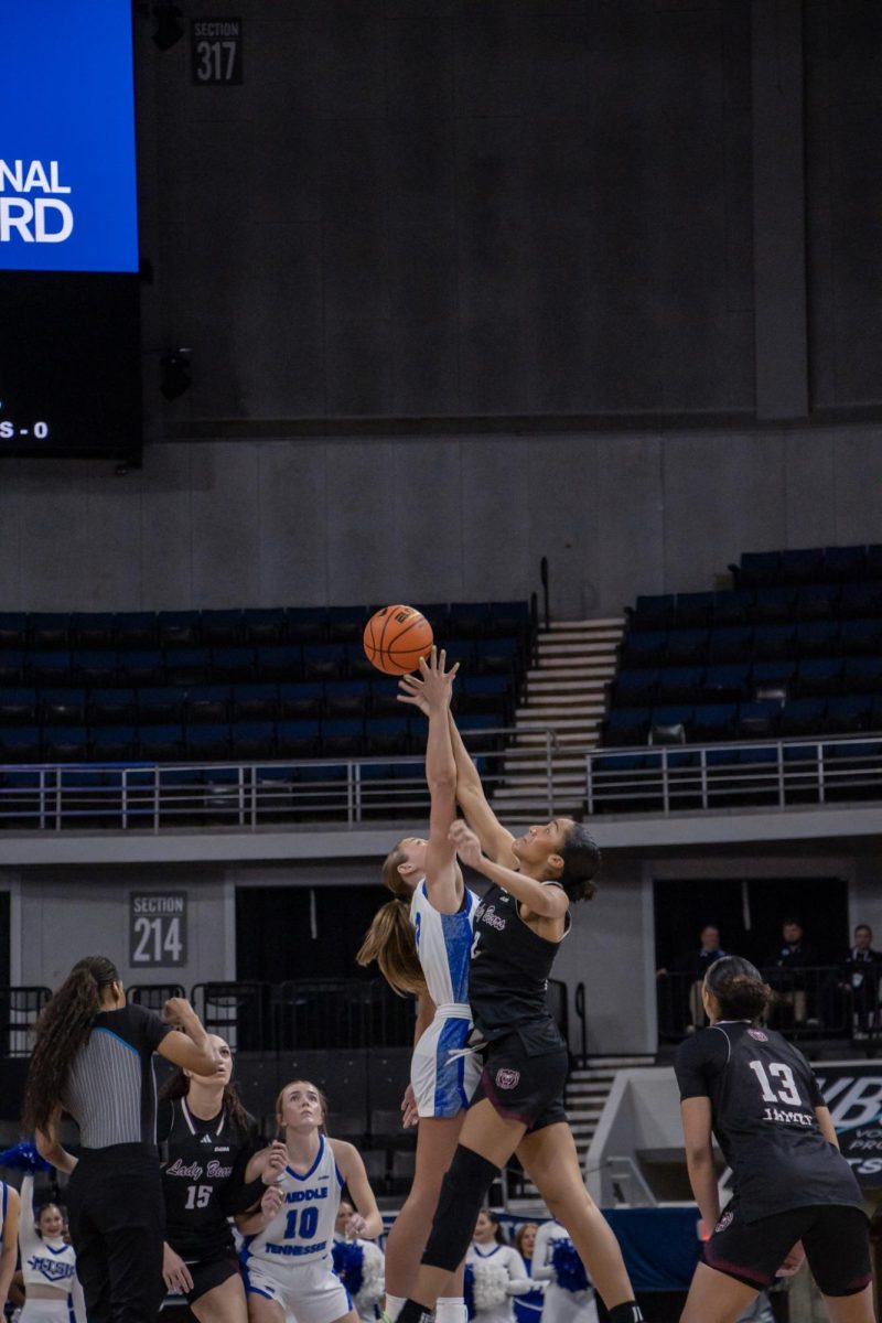 MTSU guard Macie Phifer and Missouri State forward Lainie Douglas during tip off in the Conference USA quarterfinal game against Missouri State inside Propst Arena on March 12, 2026.