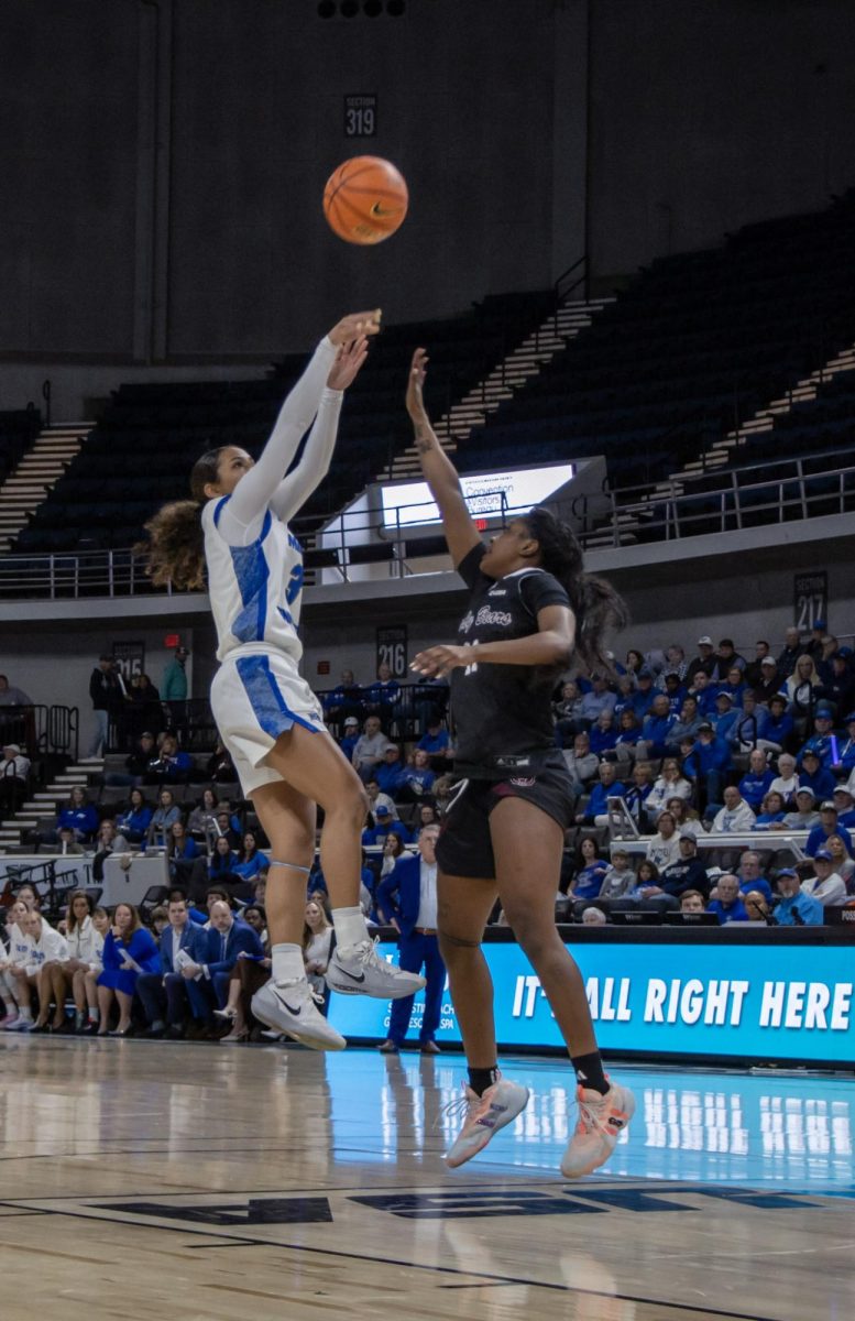 Alayna Contreras shooting over Missouri State forward Faith Lee in the Conference USA quarterfinal game against Missouri State inside Propst Arena on March 12, 2026.