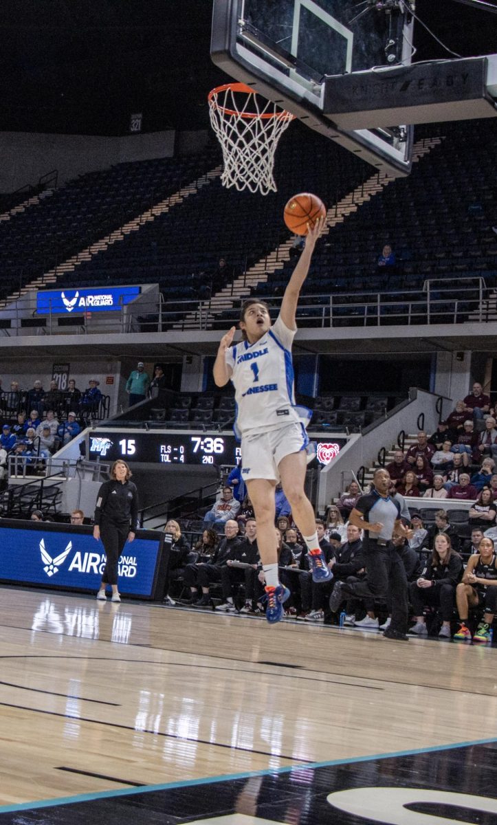 MTSU guard Yu Han Lin throws a layup off the glass during a game against Missouri State in the Conference USA quarterfinal game against Missouri State inside Propst Arena on March 12, 2026. 
