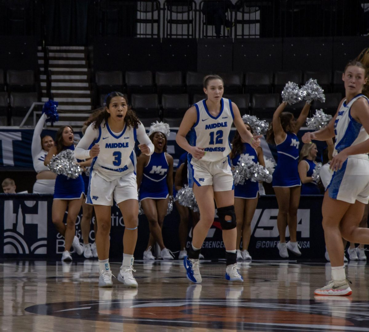 MTSU guard Alayna Contreras (left) back peddling to the other side of the court after sinking a three in the Conference USA quarterfinal game against Missouri State inside Propst Arena on March 12, 2026.