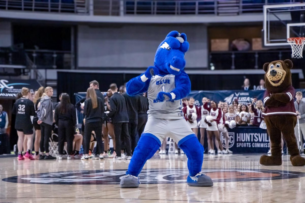 MTSU mascot Lightning dances during a halftime dance battle against the Missouri State mascot in the Conference USA quarterfinal game against Missouri State inside Propst Arena on March 12, 2026.